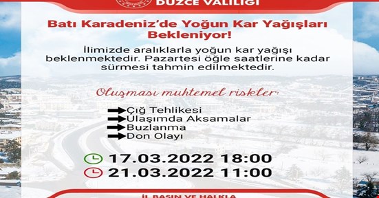 Düzce Valiliğinden yoğun kar yağışı uyarısı