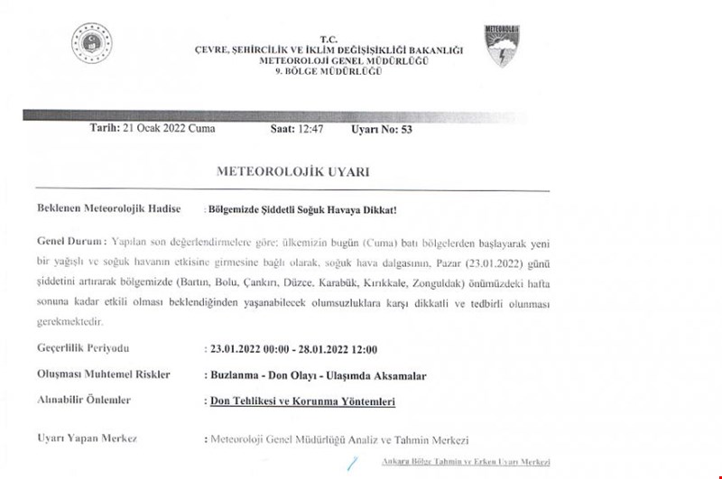METEOROLOJİ GENEL MÜDÜRLÜĞÜ UYARDI