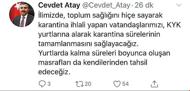 VALİ SOSYAL MEDYADAN BİLDİRDİ