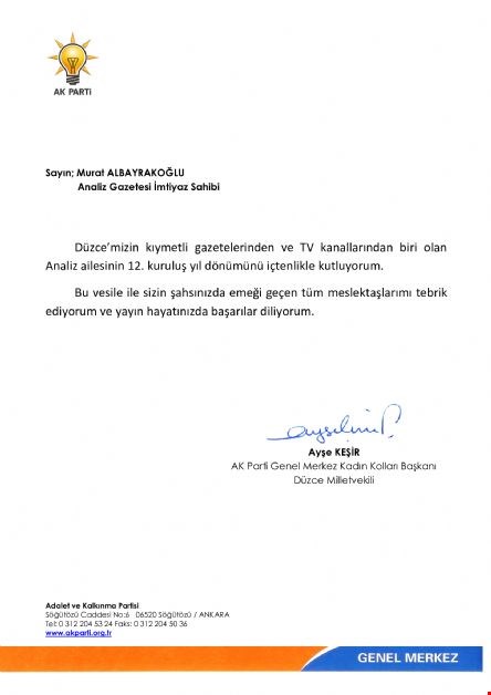 AYŞE KEŞİR'DEN ANALİZ GAZETESİNE TEBRİK MESAJI