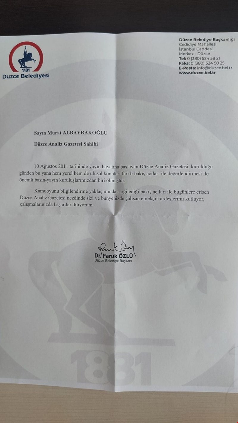 DÜZCE ANALİZ GAZETESİ'NİN 12. YILINA ÖZEL, BAŞKAN ÖZLÜ'DEN ANLAMLI TEŞEKKÜR MESAJI