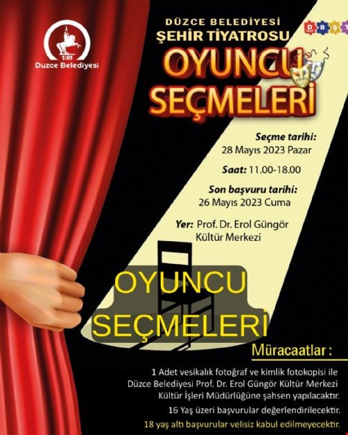 DÜZCE BELEDİYESİ ŞEHİR TİYATROLARI İÇİN OYUNCU SEÇMELERİ YAPILACAK