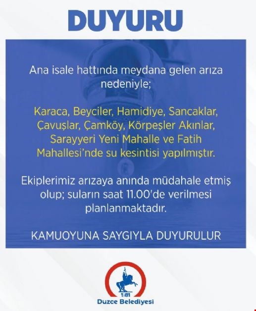 DÜZCE'DE SU KESİNTİSİ!