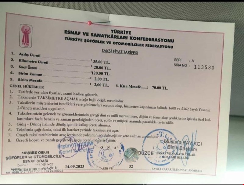 Düzce’de Taksi Ücretleri Fiyatı Değişti